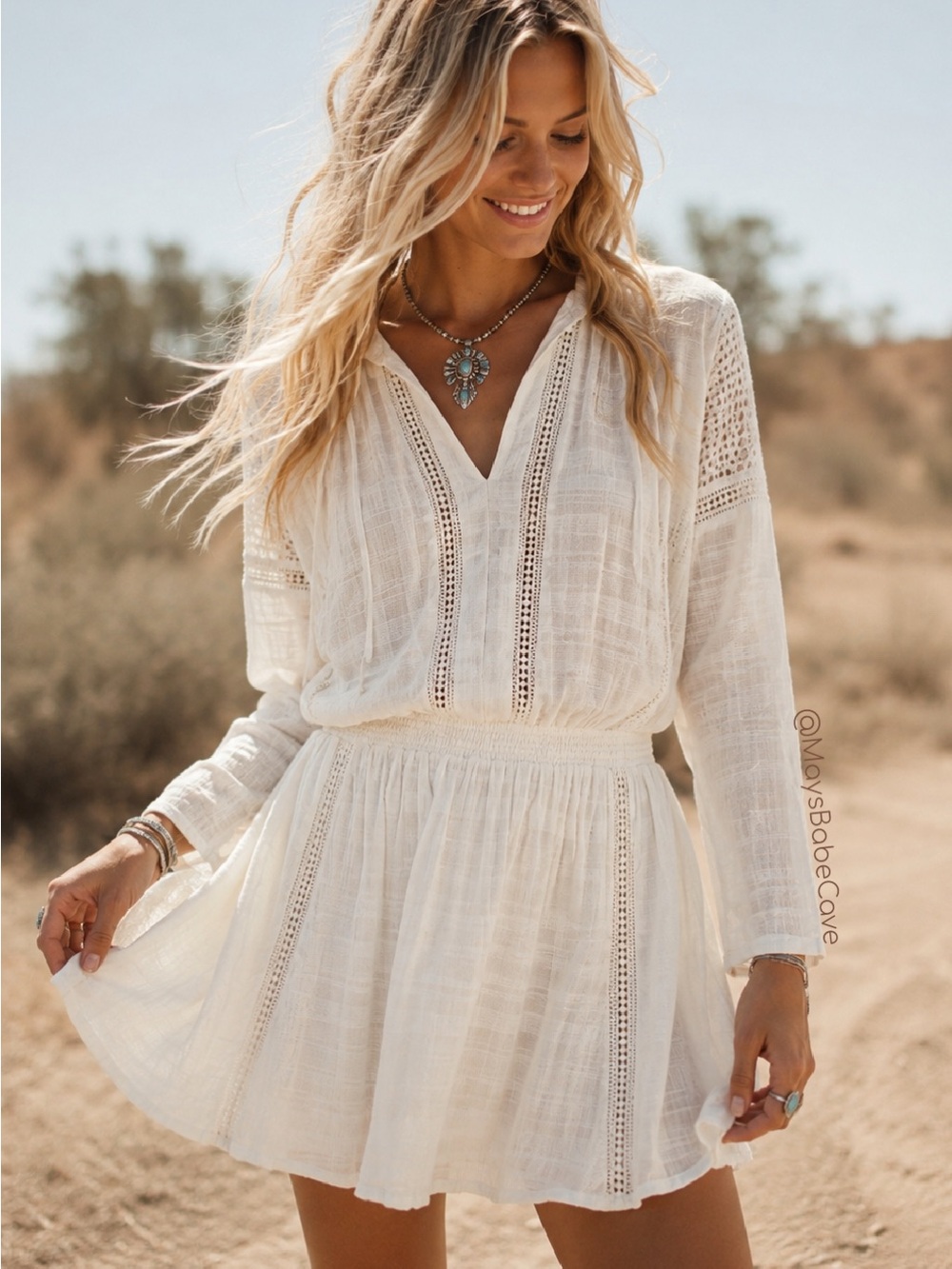 Free People Ivory White Crochet Peasant Mini Dress